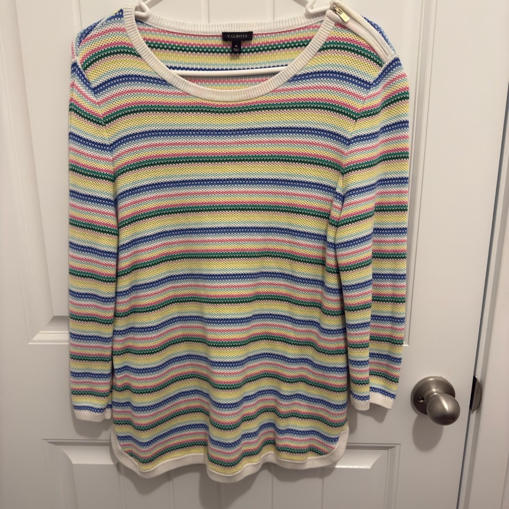 Talbots Women's Striped Cotton Rayon Sweater Size Medium Multicolor Zip Shoulder